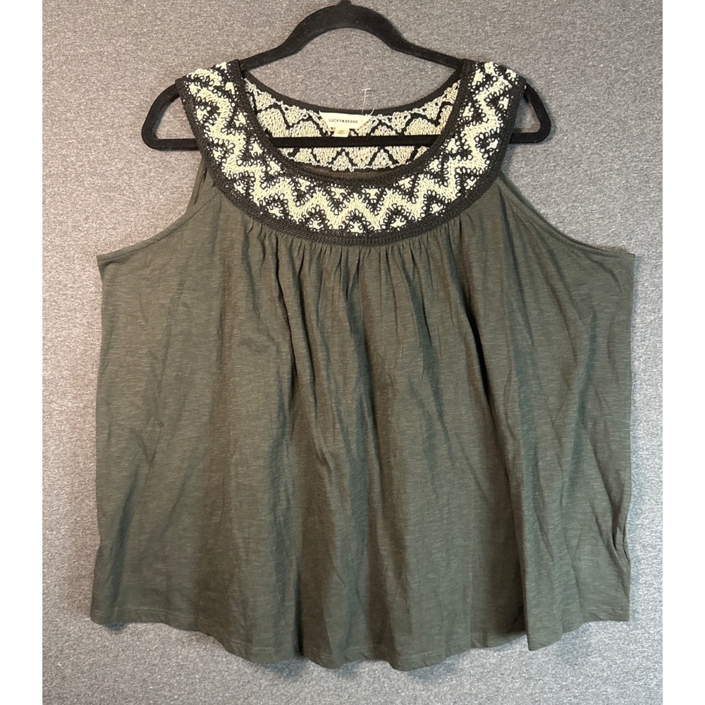 Lucky Brand Womens 2X Olive Green Embroidered Lace Yoke Tank Top Cotton Boho New